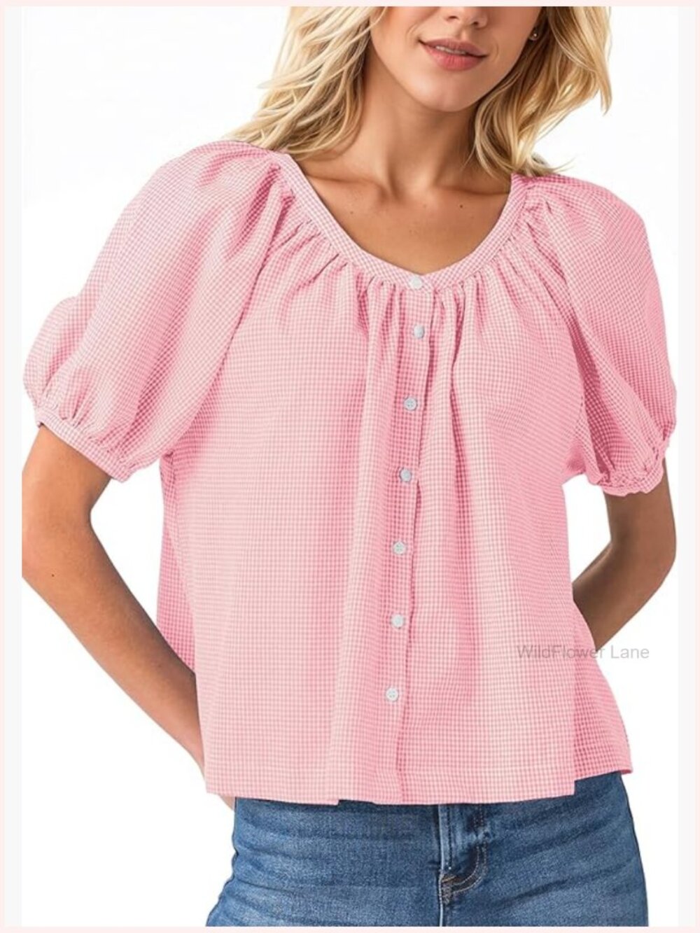 Women's Cotton Blend Button Down Short Sleeve Puff Sleeve Blouse